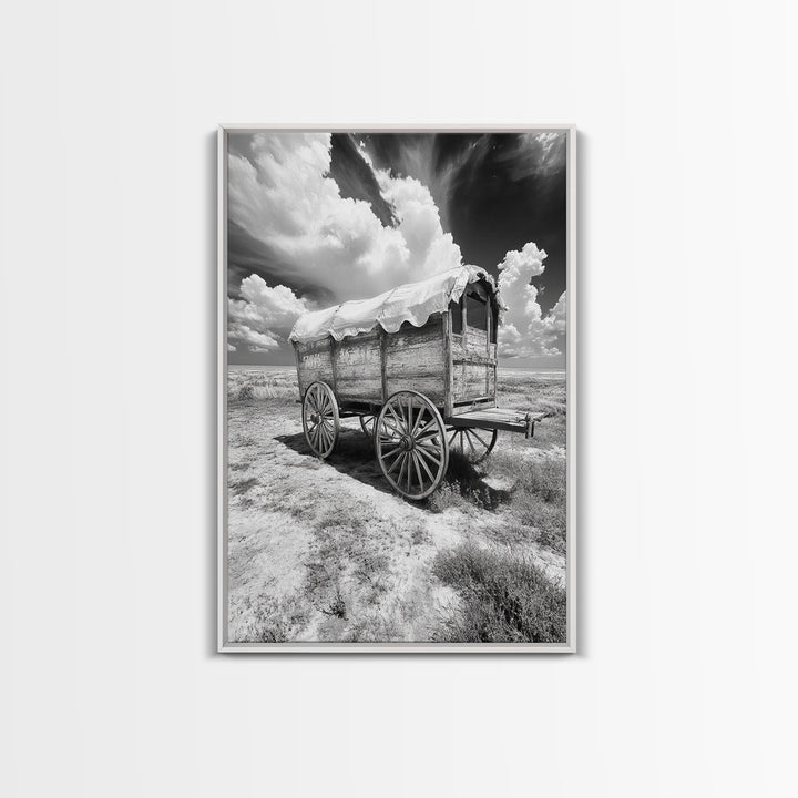 Covered wagon photography, rustic decor, framed canvas print, southwest wall art, farmhouse art, western aesthetic, black and white photography