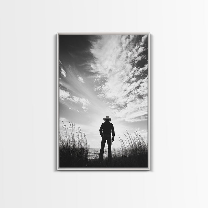 Lone Cowboy, coastal cowgirl wall art, moody art, western art, rustic decor, wabi sabi art, framed canvas print, extra wide art