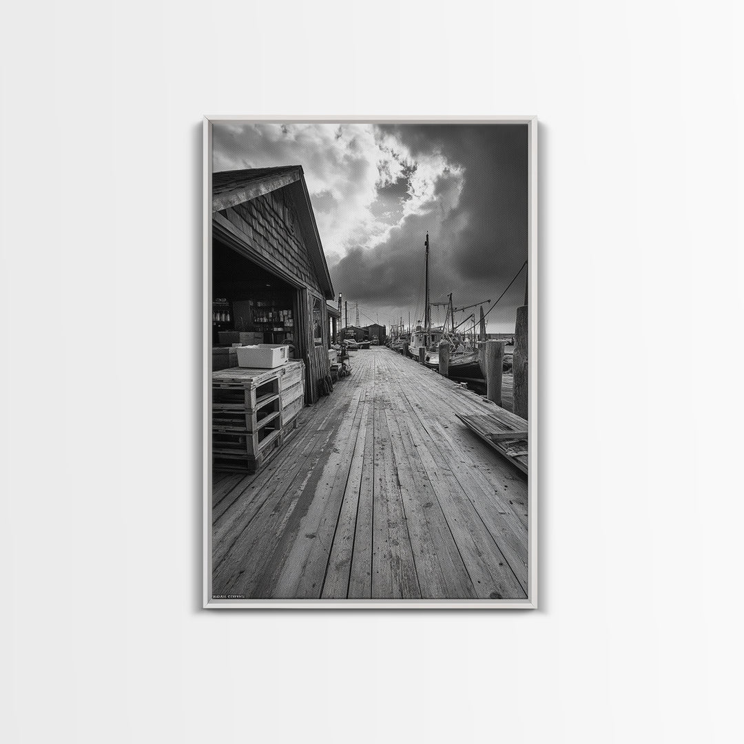 Fishing Dock, coastal decor, nautical wall art, seascape painting, rustic wall art, Nantucket painting, framed canvas print, horizontal art