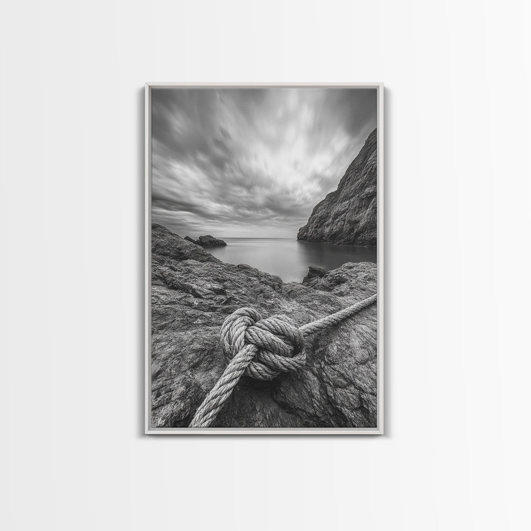 Nautical art, rope knot, coastal decor, moody art, wabi sabi art, rustic photography, living room art, canvas print, panoramic wall art