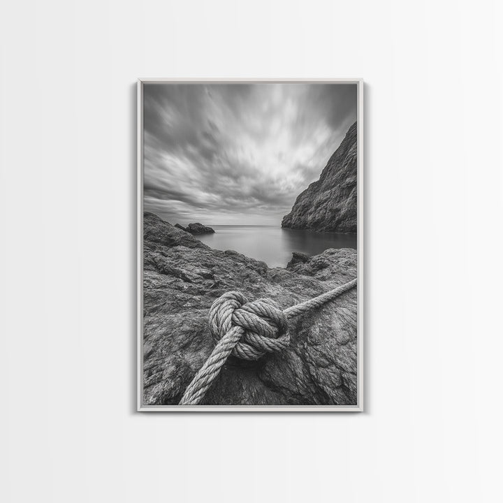 Nautical art, rope knot, coastal decor, moody art, wabi sabi art, rustic photography, living room art, canvas print, panoramic wall art