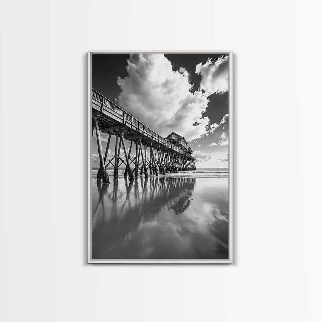Pier reflection, seascape painting, nautical decor, rustic wall art, black and white photography, extra wide art, framed canvas print
