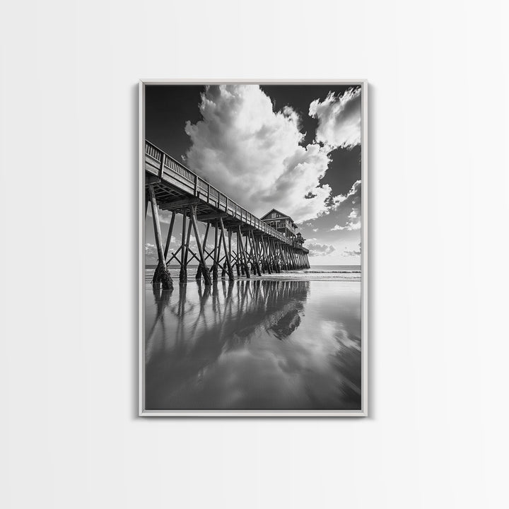 Pier reflection, seascape painting, nautical decor, rustic wall art, black and white photography, extra wide art, framed canvas print
