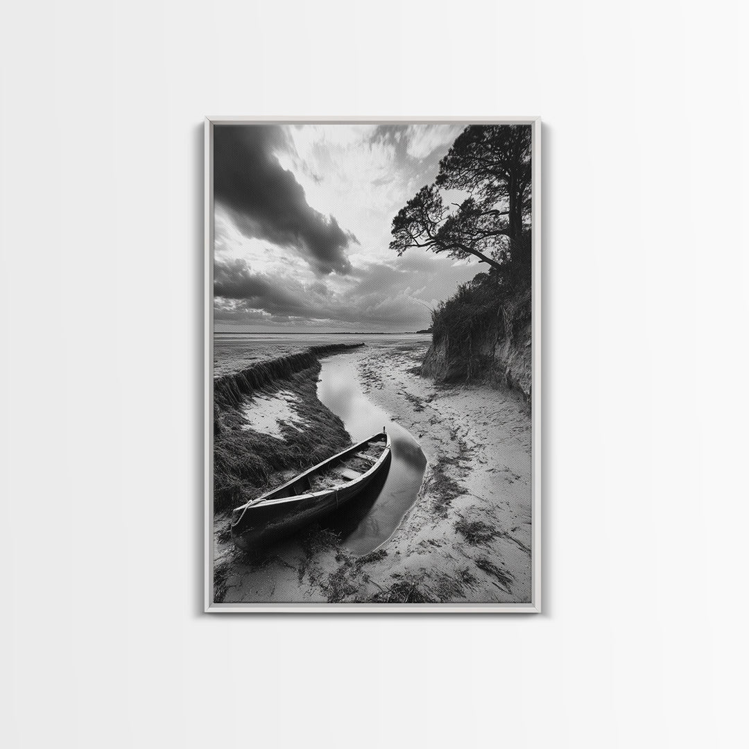 Abandoned boat, coastal decor, moody art, wabi sabi wall art, nature photography, nautical art, black and white wall art, canvas print