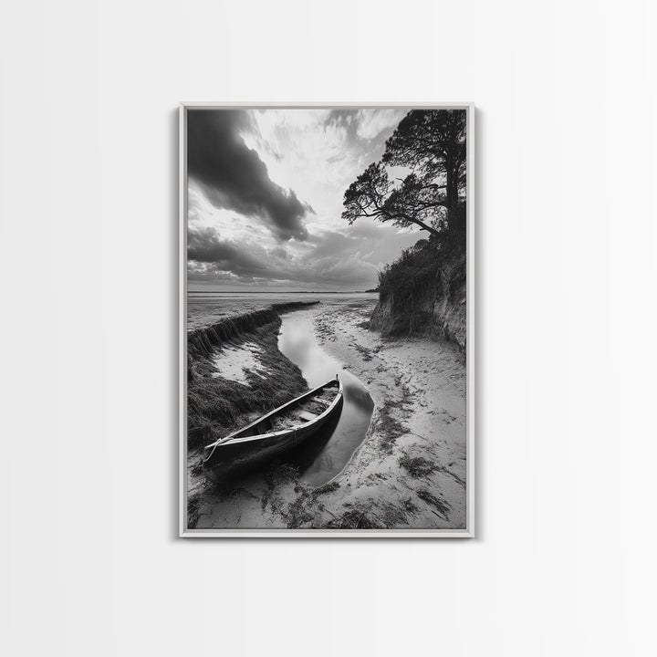 Abandoned boat, coastal decor, moody art, wabi sabi wall art, nature photography, nautical art, black and white wall art, canvas print