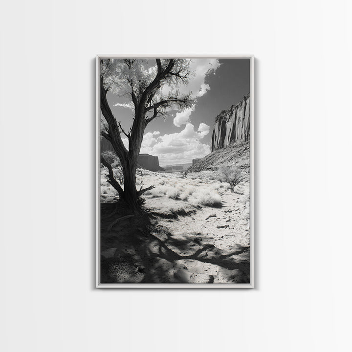 Desert landscape, Joshua tree art, western wall art, framed canvas print, southwest decor, black and white nature, rustic desert scene