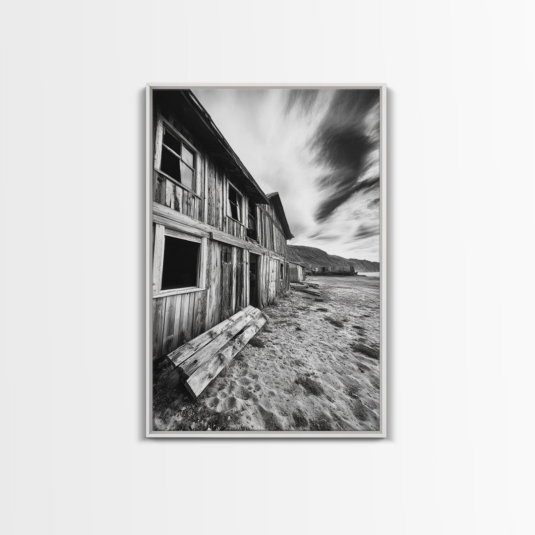 Rustic barn, farmhouse art, abandoned building, vintage Christmas, moody art, black and white wall art, wabi sabi wall art, framed canvas print