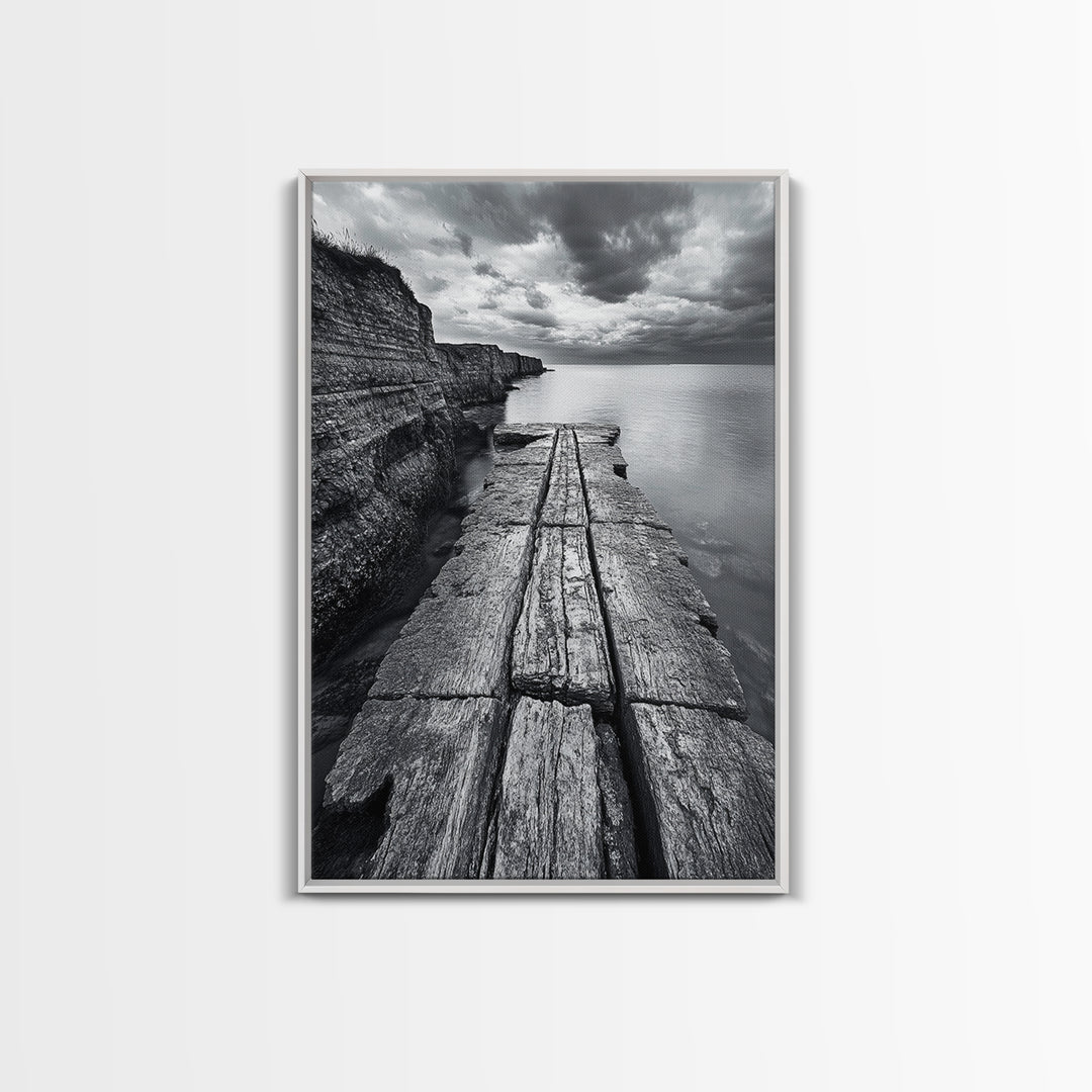Cliffside view, nautical decor, rustic photography, seascape painting, wabi sabi art, black and white art, canvas print, above sofa art