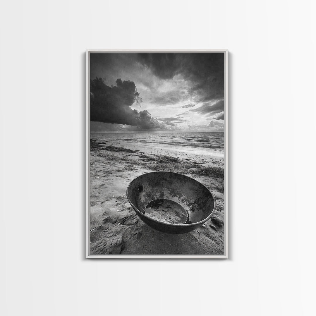 Beach bowl, wabi sabi wall art, coastal decor, moody art, minimalist art, black and white photography, framed canvas print, extra wide art