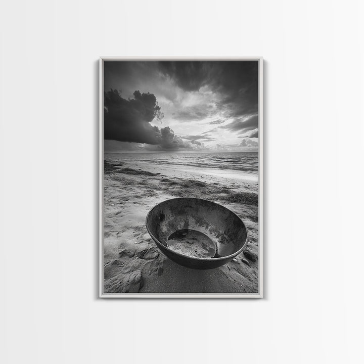 Beach bowl, wabi sabi wall art, coastal decor, moody art, minimalist art, black and white photography, framed canvas print, extra wide art