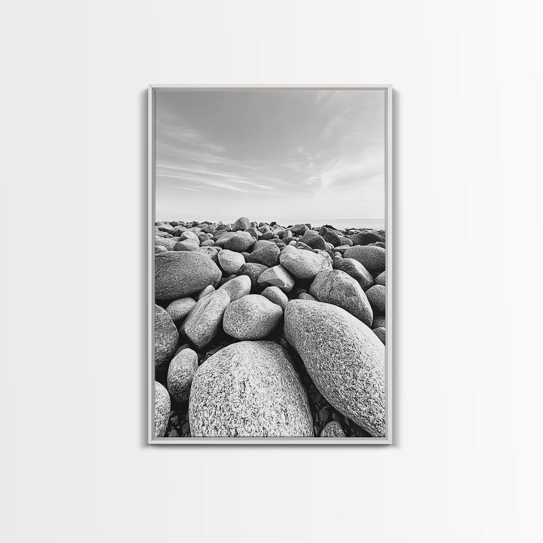 Stone beach, coastal landscape art, black and white art, wabi sabi wall art, minimalist art, nature photography, framed canvas print