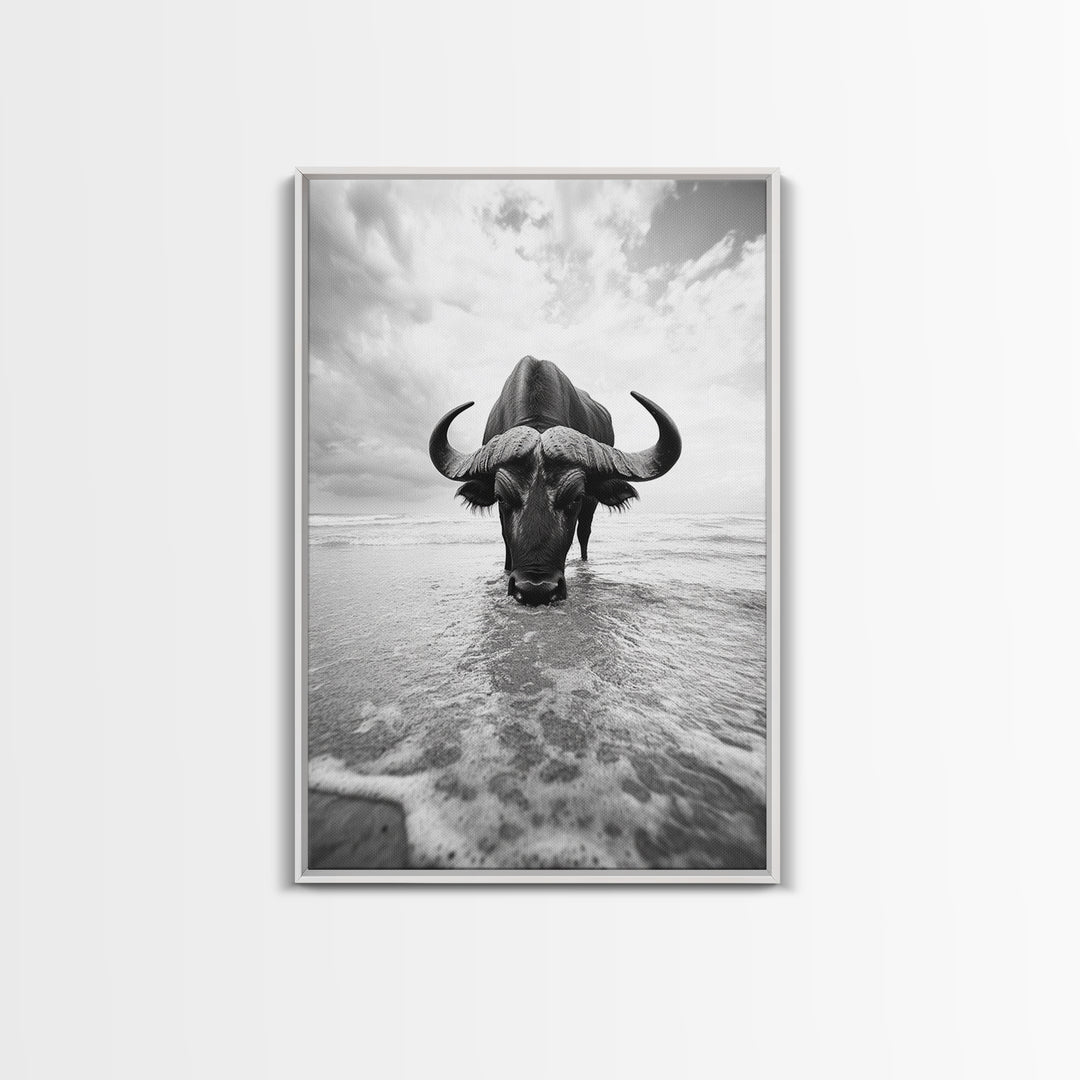 Buffalo art, bull and bear art, moody photography, black and white wall art, unique wildlife art, wabi sabi art, canvas print, farmhouse decor