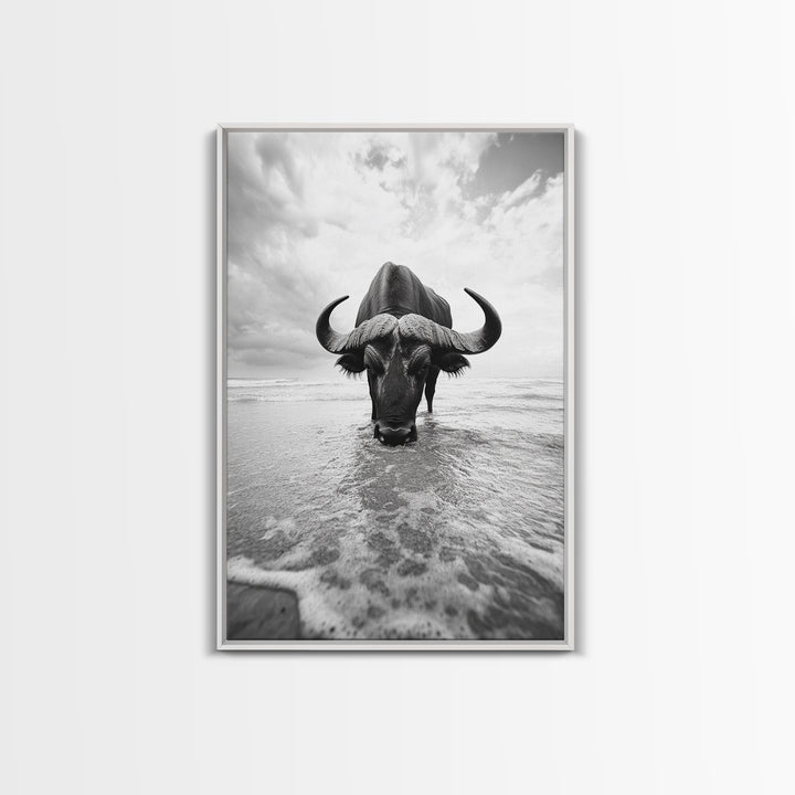 Buffalo art, bull and bear art, moody photography, black and white wall art, unique wildlife art, wabi sabi art, canvas print, farmhouse decor