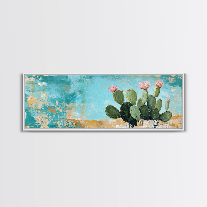 Blooming Cactus, agave painting, botanical prints, desert landscape art, teal wall art, wabi sabi art, rustic decor, Framed Canvas Print