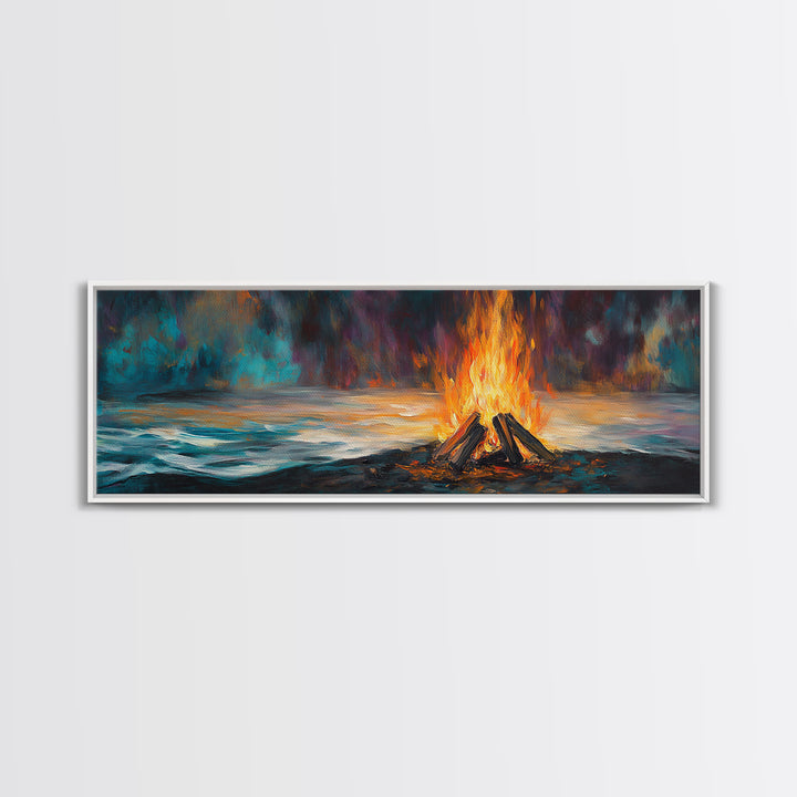 Bonfire, moody art, coastal landscape art, rustic decor, extra wide art, above bed wall art, gift idea for him, Canvas Print