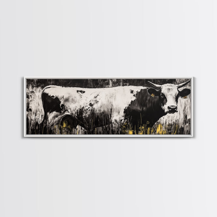 Black and White Cow, farmhouse art, rustic wall art, extra wide art, wabi sabi art, vintage horse art, Canvas Print