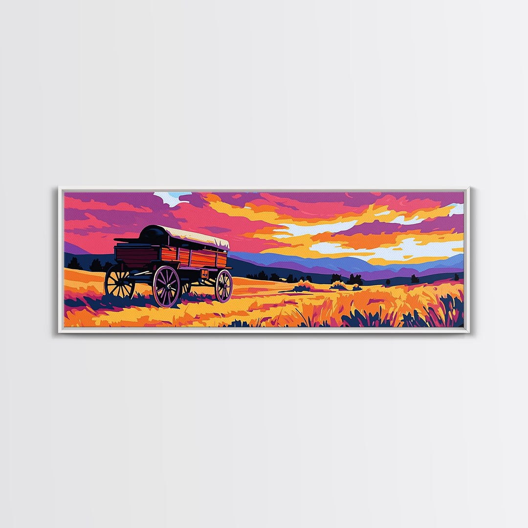 Prairie Wagon, rustic wall art, farmhouse art, cowboy painting, western decor, tall narrow art, panoramic painting, framed canvas print