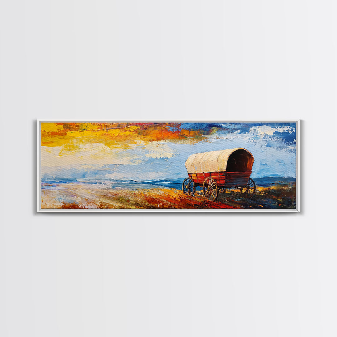 Country Wagon, coastal decor, rustic wall art, panoramic painting, barn landscape oil painting, boho art, Framed Canvas Print, gift idea