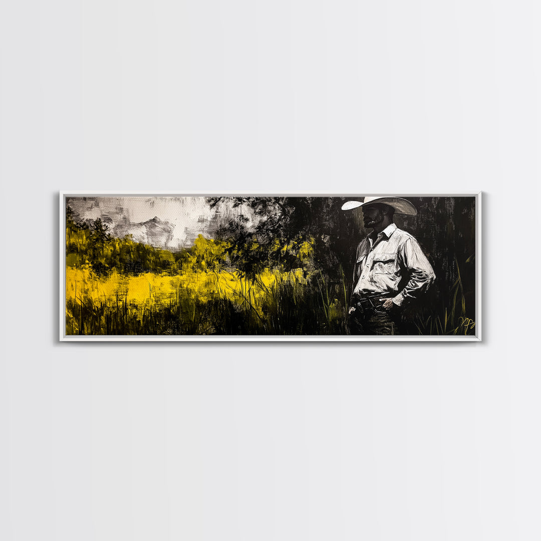 Cowboy in Field, Rustic Wall Art, Farmhouse Art, Canvas Print, Vintage Horse Art, Extra Wide Art, Moody Art, Wabi Sabi Art