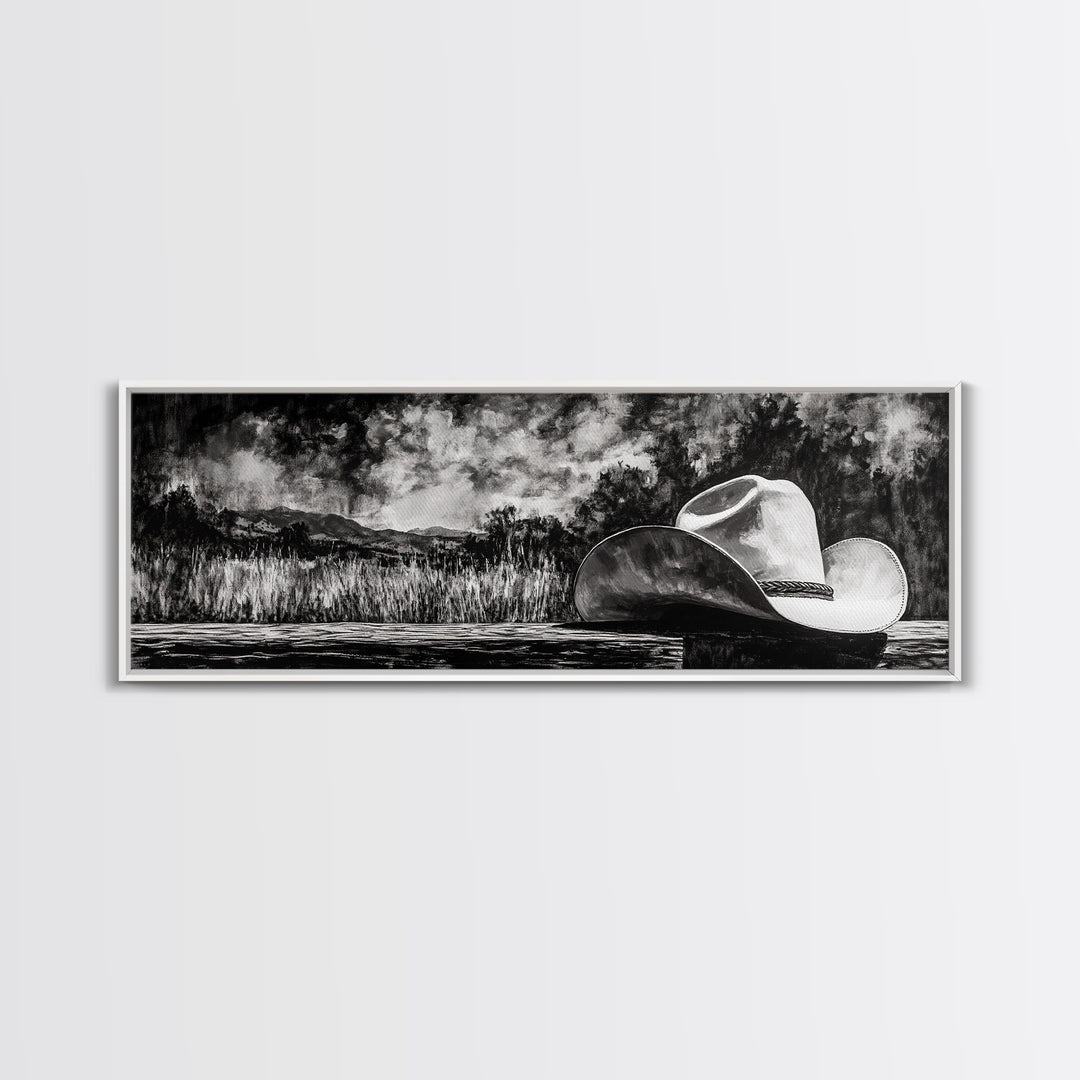Black and White Art, cowboy hat painting, rustic decor, farmhouse art, extra wide art, panoramic art, framed canvas print, landscape painting