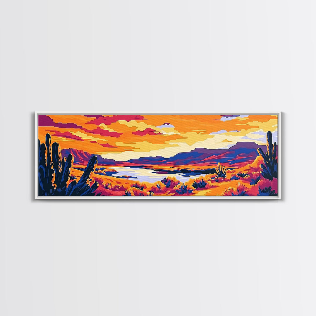 Desert Landscape Art, Joshua tree art, southwest wall art, extra wide art, panoramic painting, framed canvas print, rustic wall art, sunset painting