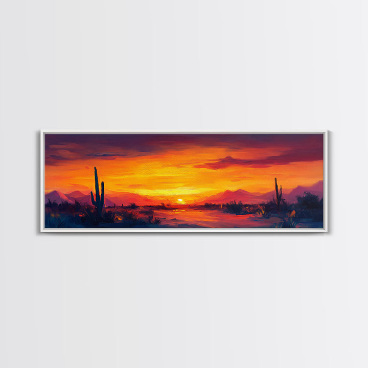 Sunset Cactus Art, southwest wall art, desert landscape painting, extra wide art, panoramic painting, framed canvas print, rustic decor, horizontal wall art