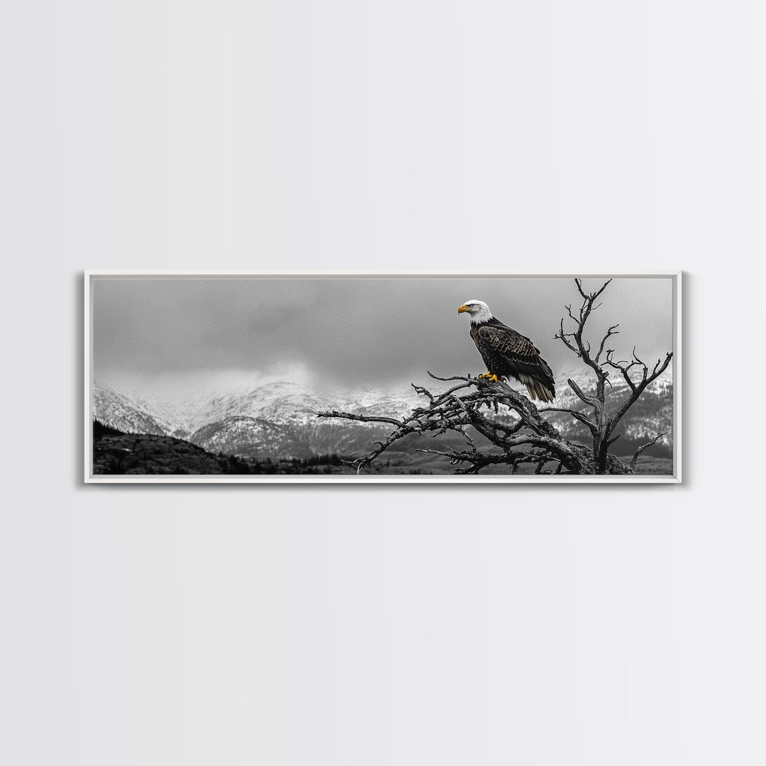Bald Eagle, Mountain Painting, Wildlife Art, Nature Wall Art, Rustic Decor, Moody Art, Above Sofa Art, Extra Wide Art, Framed Canvas Print