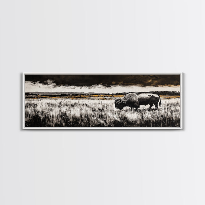 Bison painting, rustic art, black and white wall art, moody art, western decor, panoramic painting, extra wide art, framed canvas print