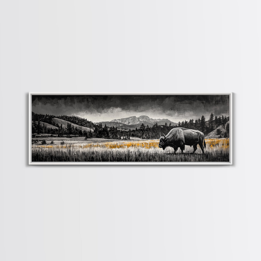 Bison art, mountain painting, black and white western art, farmhouse art, smoky mountain art, extra wide art, framed canvas print