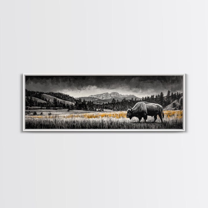 Bison art, mountain painting, black and white western art, farmhouse art, smoky mountain art, extra wide art, framed canvas print