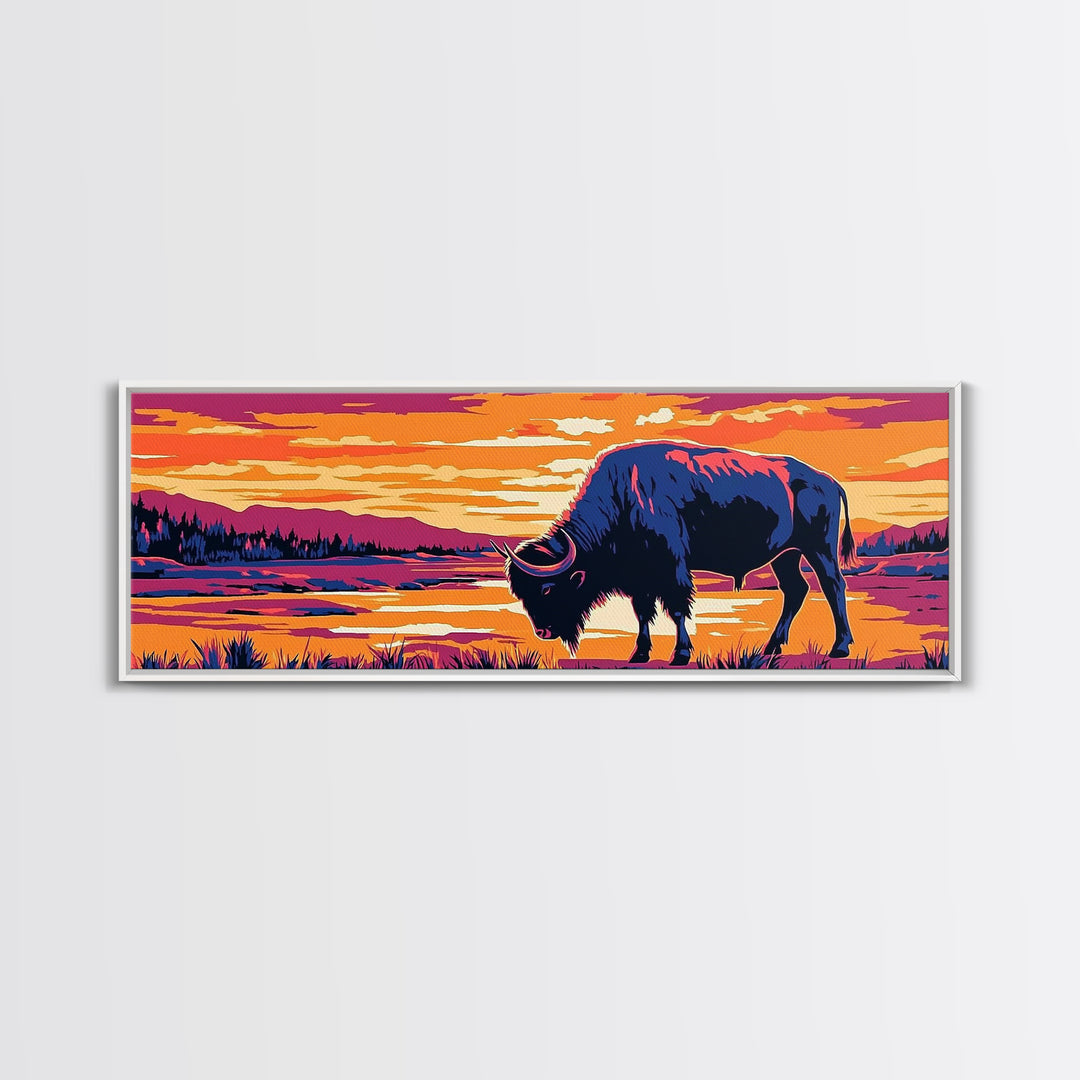 Buffalo painting, southwest wall art, rustic decor, pink orange wall art, cowboy art, above couch art, extra wide art, canvas print