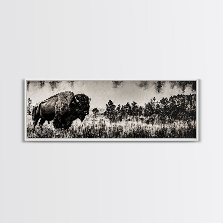 Bison landscape, black and white western painting, rustic decor, extra wide art, smoky mountain art, panoramic painting, framed canvas print