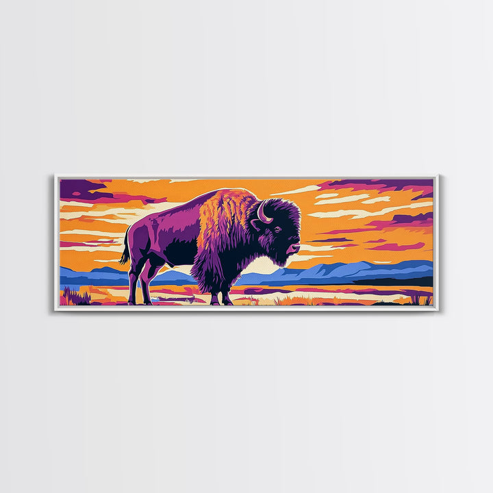 Bison, sunset, southwest wall art, buffalo, pink orange wall art, panoramic art, framed canvas print, extra wide art, rustic decor