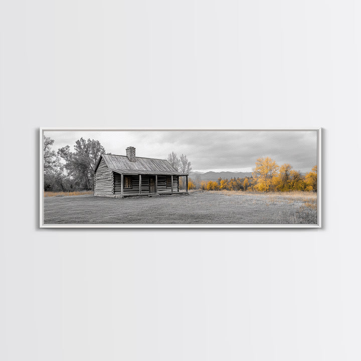 Log Cabin, Fall Art, Rustic Wall Art, Farmhouse Art, Cozy Cabin Art, Landscape Painting, Wabi Sabi Art, Above Couch Art, Framed Canvas Print