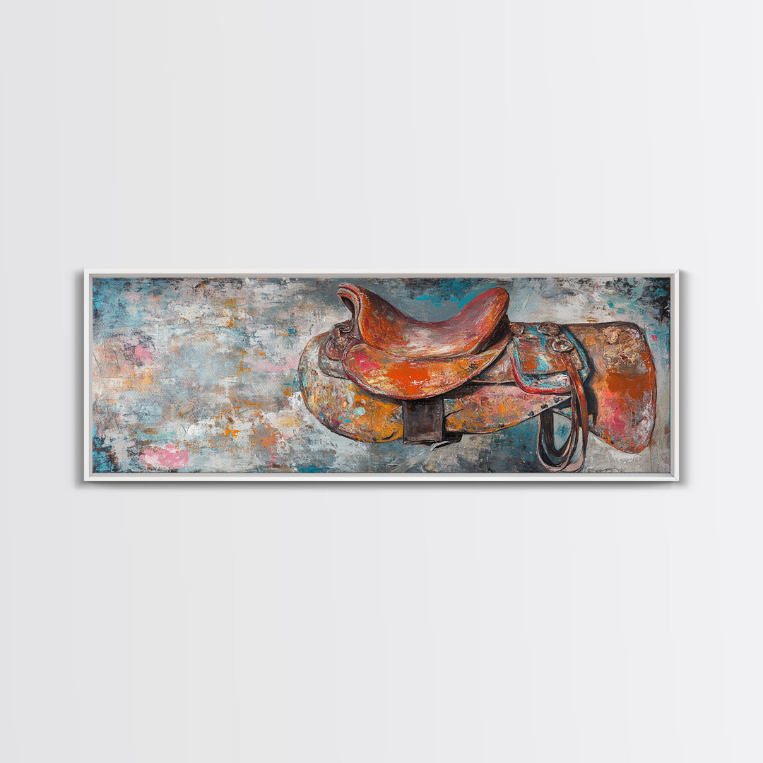 Abstract Saddle, horse wall art, abstract art, rustic decor, extra wide art, framed canvas print, above sofa art, living room decor