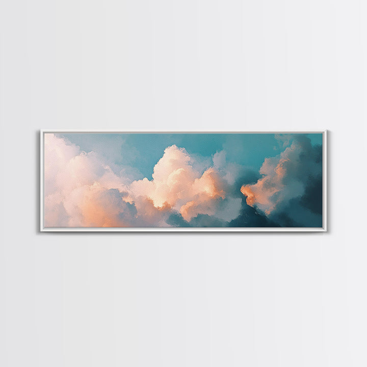 Cloud painting, sky wall art, soft pastel art, extra wide art, bedroom art, panoramic painting, framed canvas print, wabi sabi art