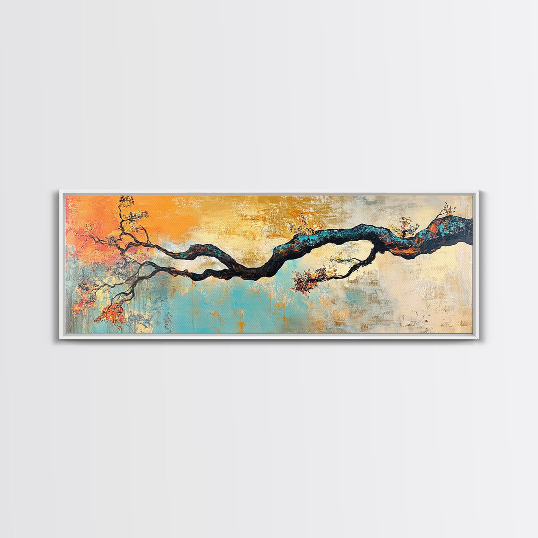 Birch tree painting, autumn decor, extra wide art, botanical prints, nature wall art, framed canvas print, long narrow wall art, wabi sabi art