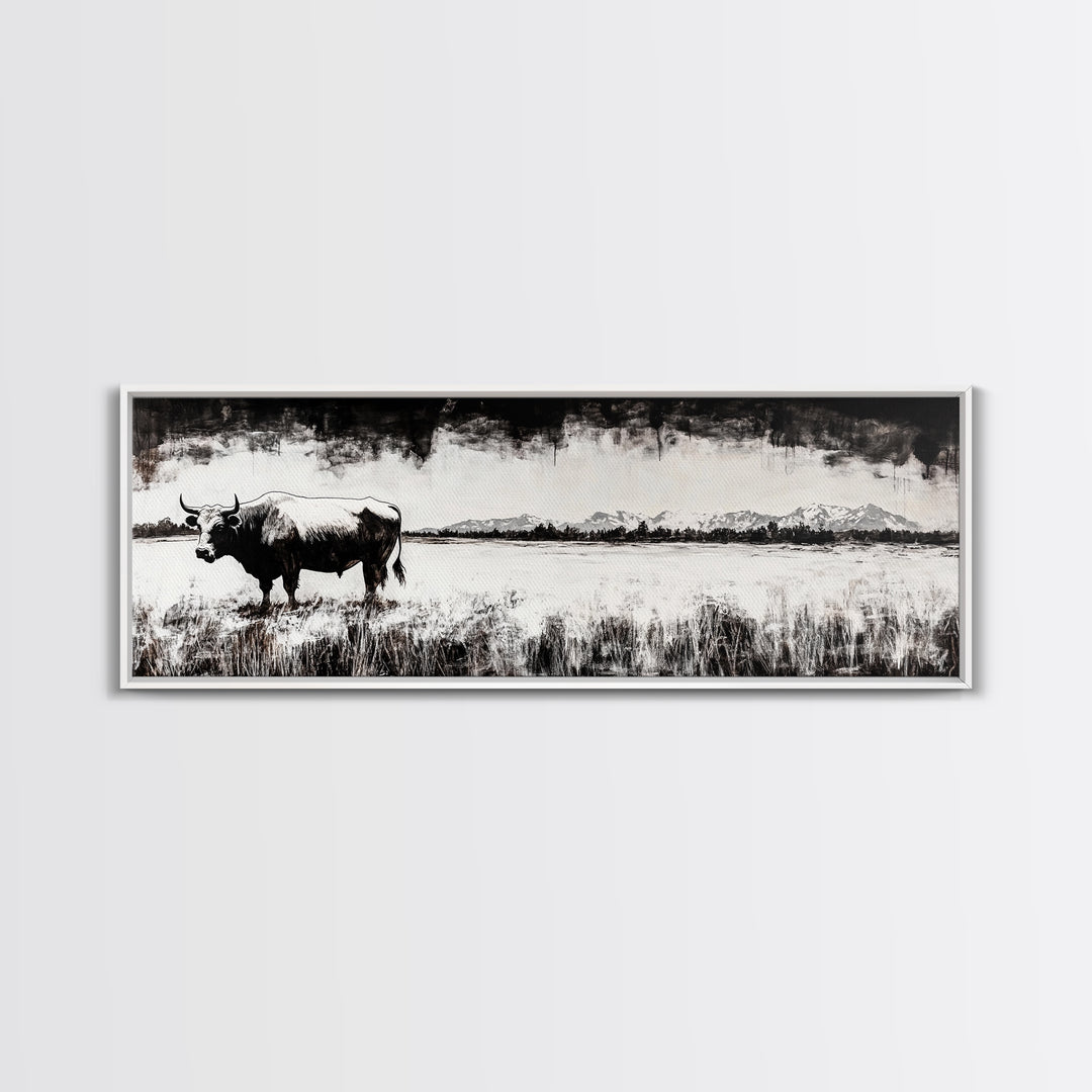 Bull and bear art, black and white painting, rustic wall art, farmhouse decor, extra wide art, framed canvas print, moody art, landscape painting