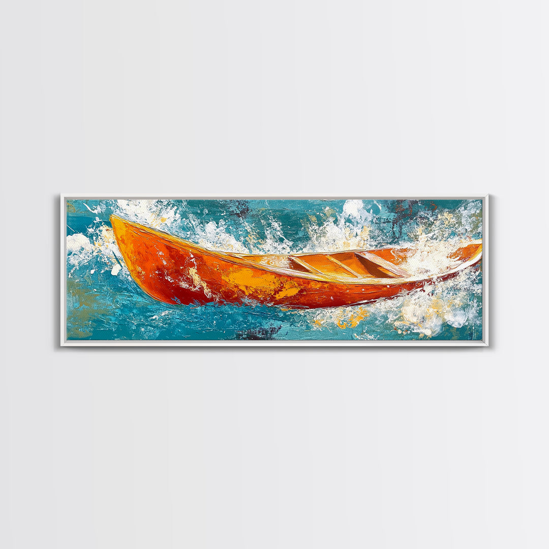 Boat in Waves, coastal wall art, nautical painting, extra wide horizontal art, ocean decor, farmhouse art, framed canvas print