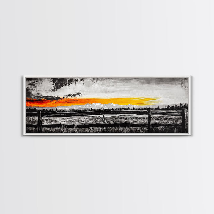 Fence at Sunset, moody landscape art, Joshua tree art, smoky mountain painting, dark romance art, extra wide art, framed canvas print