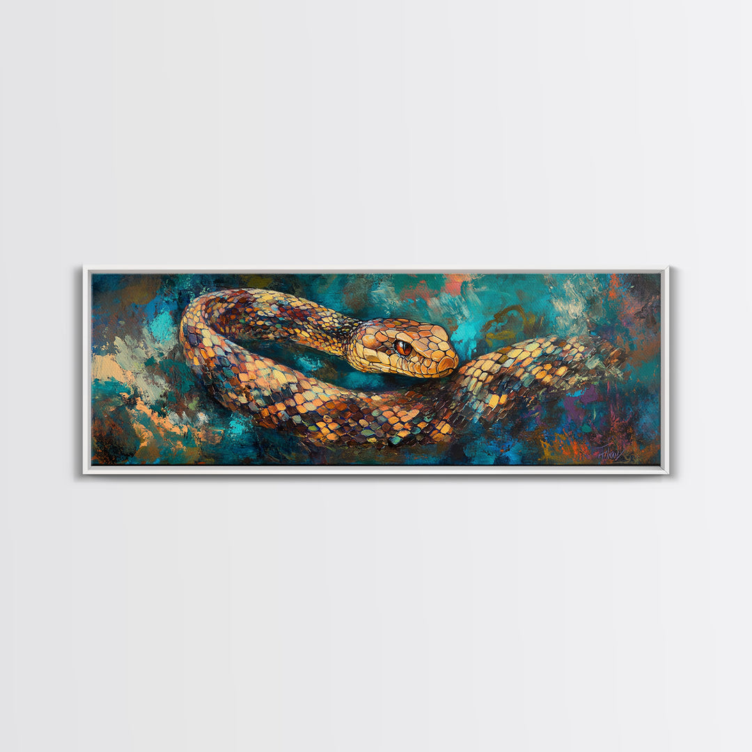 Coiled Serpent, moody art, snake painting, dark romance art, gothic decor, rustic wall art, panoramic wall art, framed canvas print