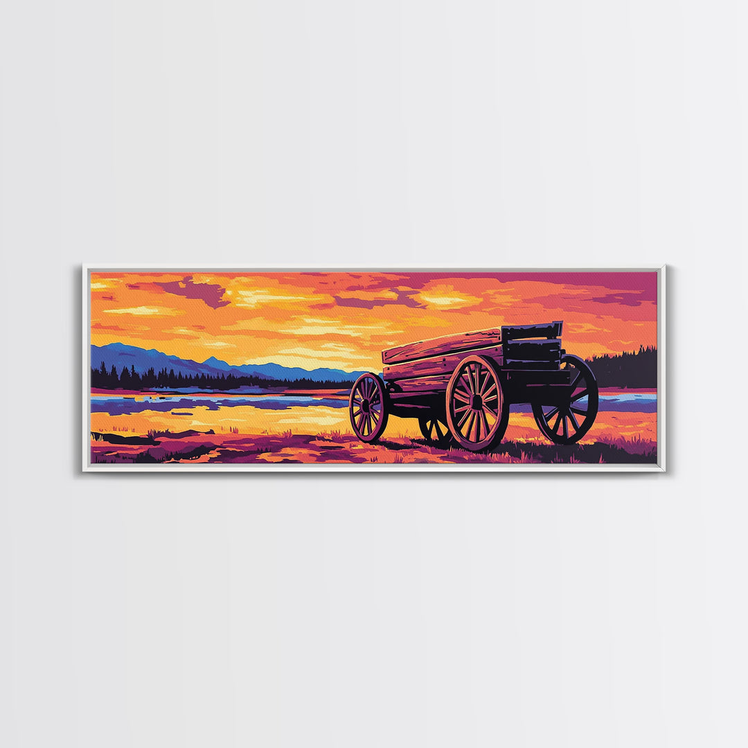 Sunset Wagon Painting, southwest wall art, boho art, Joshua tree art, rustic decor, warm tones, framed canvas print, extra wide art