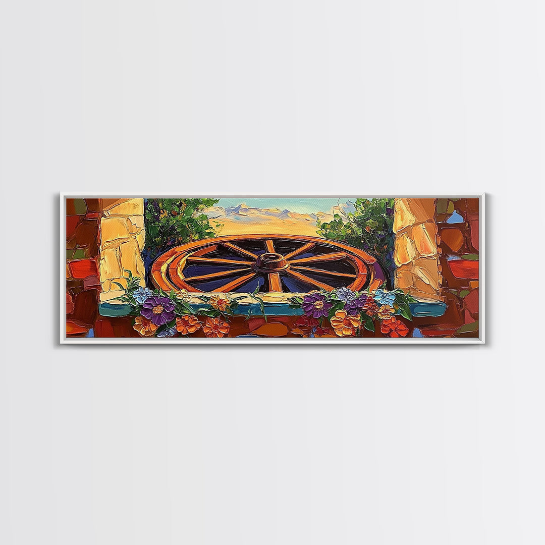 Rustic Wagon Wheel, farmhouse art, southwest wall art, wildflower painting, boho art, extra wide art, framed canvas print, landscape painting