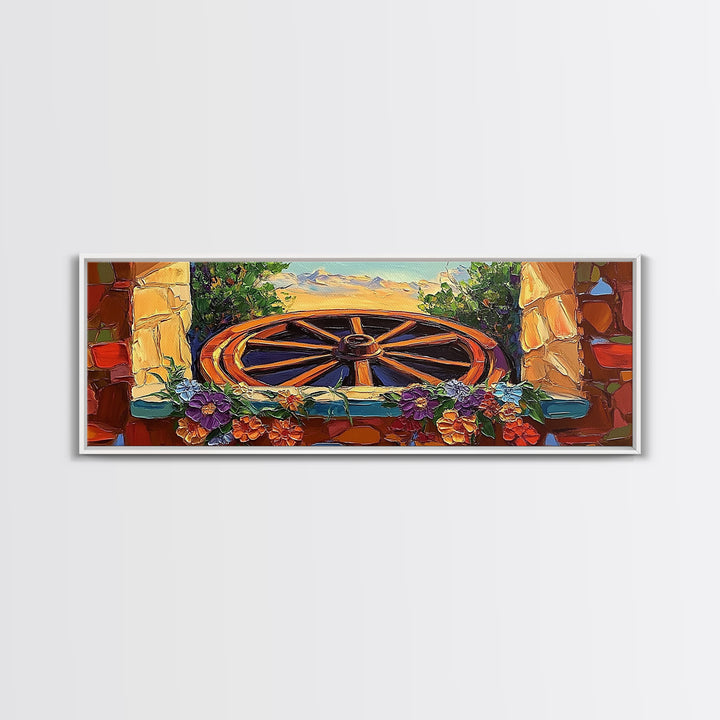 Rustic Wagon Wheel, farmhouse art, southwest wall art, wildflower painting, boho art, extra wide art, framed canvas print, landscape painting
