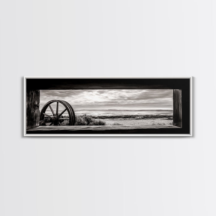 Black White Wagon, rustic decor, panoramic art, moody art, extra wide art, barn landscape oil painting, framed canvas print, living room art