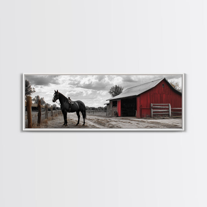 Barn Horse, Rustic Art, Farmhouse Art, Vintage Horse Art, Rural Wall Art, Extra Wide Art, Framed Canvas Print, Guest Room Art