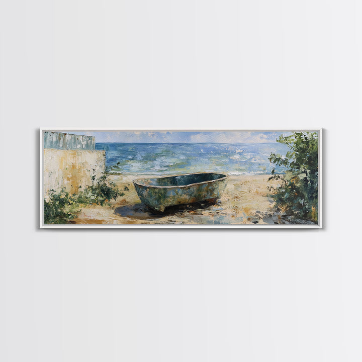 Beach Tub, rustic decor, coastal wall art, wabi sabi art, framed canvas print, farmhouse art, seascape painting, nautical decor
