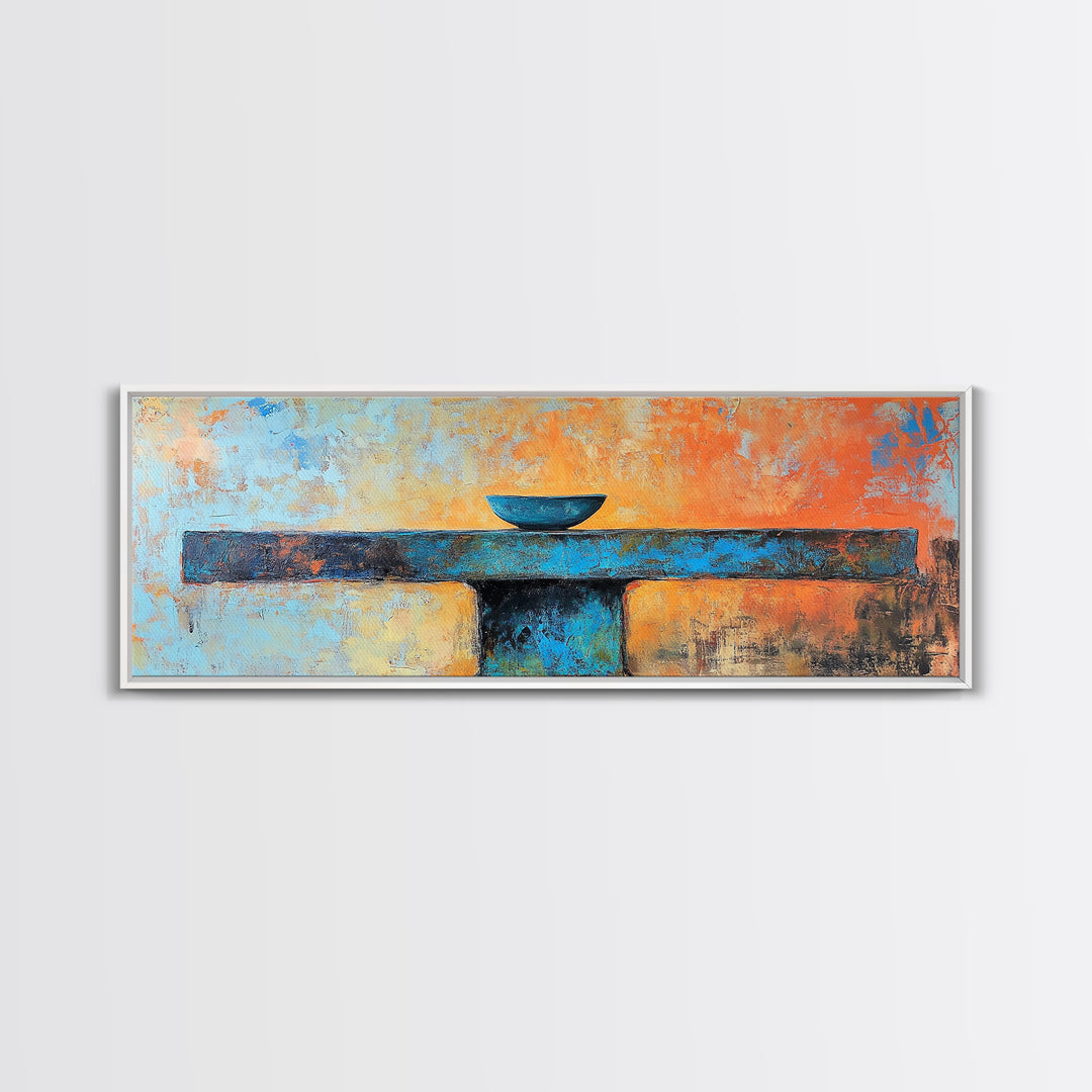 Blue Bowl, minimalist art, wabi sabi art, extra wide art, framed canvas print, sage green wall art, horizontal wall art, therapy art