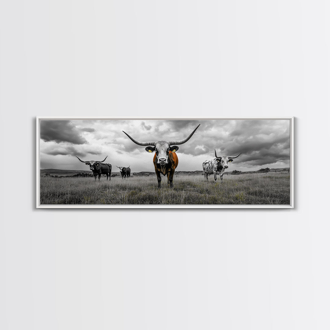 Texas Longhorns, Bull and Bear Art, Rustic Wall Art, Moody Art, Extra Wide Art, Framed Canvas Print, Horizontal Wall Art, Gift Idea