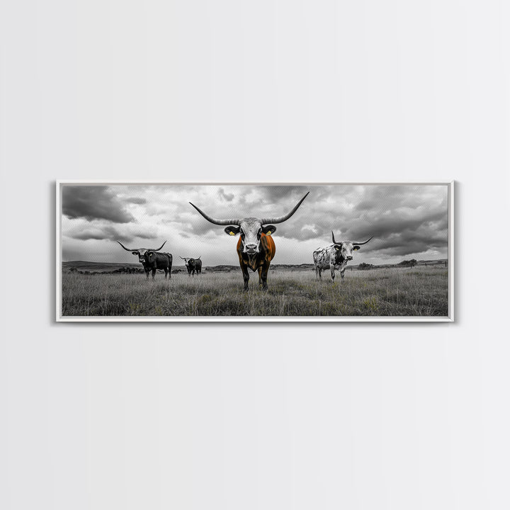 Texas Longhorns, Bull and Bear Art, Rustic Wall Art, Moody Art, Extra Wide Art, Framed Canvas Print, Horizontal Wall Art, Gift Idea